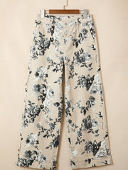 Beige Retro Floral Print Turn-up Cuffed Hem Loose Jeans - Damesmode Afbeelding 5 - Miniatuur