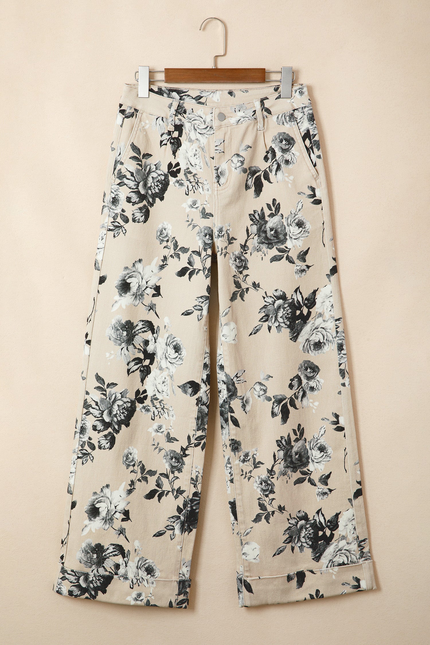 Beige Retro Floral Print Turn-up Cuffed Hem Loose Jeans - Damesmode Afbeelding 5