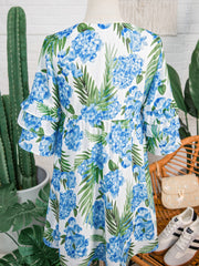 Sky Blue Palm Floral Print Contrast Ribbon Knot Ruffle Tiered Sleeve Mini Dress - Miniatuur