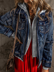 Chaqueta vaquera falsa azul oscuro de dos piezas con capucha y cremallera - Miniatuur