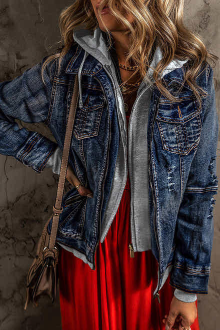 Veste en jean en denim bleu foncé à capuche à capuche zippée