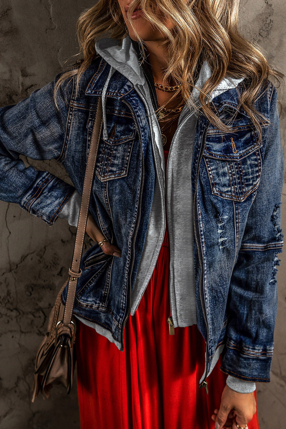 Veste en jean en denim bleu foncé à capuche à capuche zippée