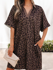 Brauner Leopardenmuster Kontrastkragen-Minikleid mit V-Ausschnitt – Damenmode Bild 7 - Miniatuur