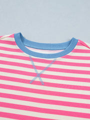 Pink Stripe Contrast Patchwork Short Sleeve Loose Tee - Miniatuur