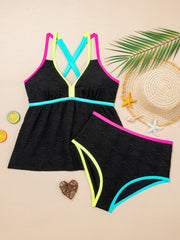 Schwarzes Blumen-Texturer-Neon-Trim V-Hals-Querschnitt Rückenloses Tankini-Set – Damesmode Afbeelding 4 - Miniatuur