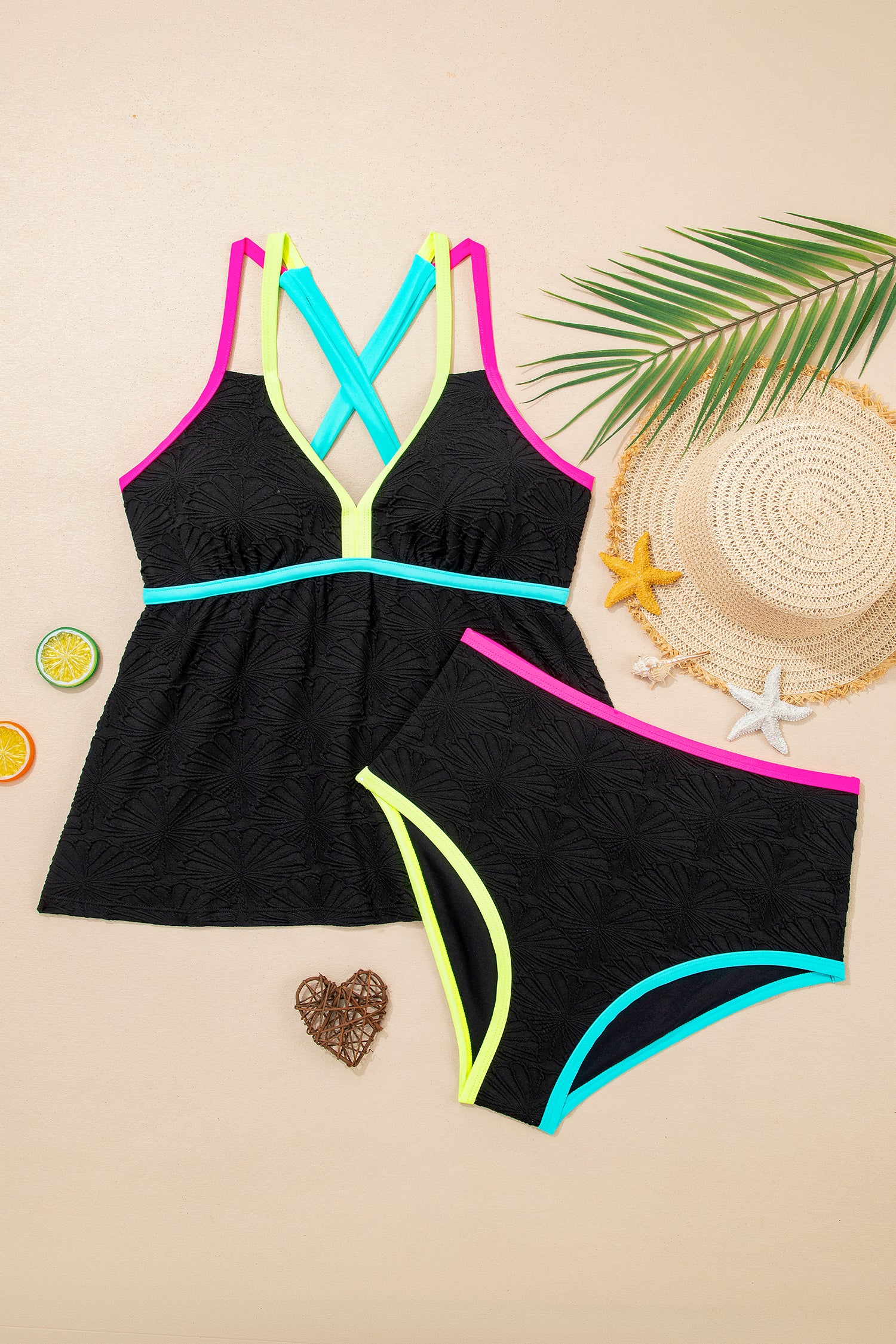 Black Floral Textured Neon Trim V Neck Crisscross Backless Tankini Set - Damesmode Afbeelding 4