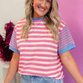 T-shirt a maniche corte a righe rosa a maniche corte a maniche corte e larghe - Foto 5
