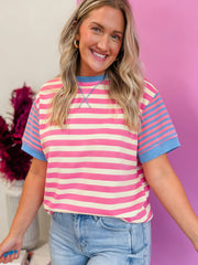 Pink Stripe Contrast Patchwork Short Sleeve Loose Tee - Miniatuur
