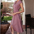 Red Plaid Print Full Zipper Cinched Waist Fit Flare Sleeveless Maxi Dress - Foto 3