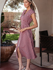 Red Plaid Print Full Zipper Cinched Waist Fit Flare Sleeveless Maxi Dress - Miniatuur
