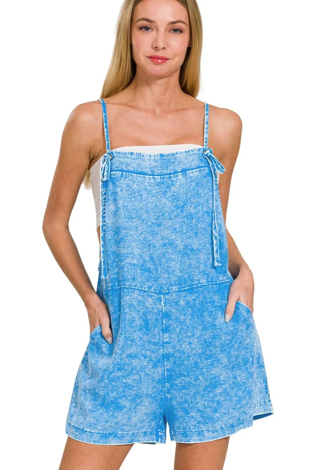 Zenana Washed Linen Knot Strap Rompers - Mode Feminine Exclusive & Vetements | Redblad France