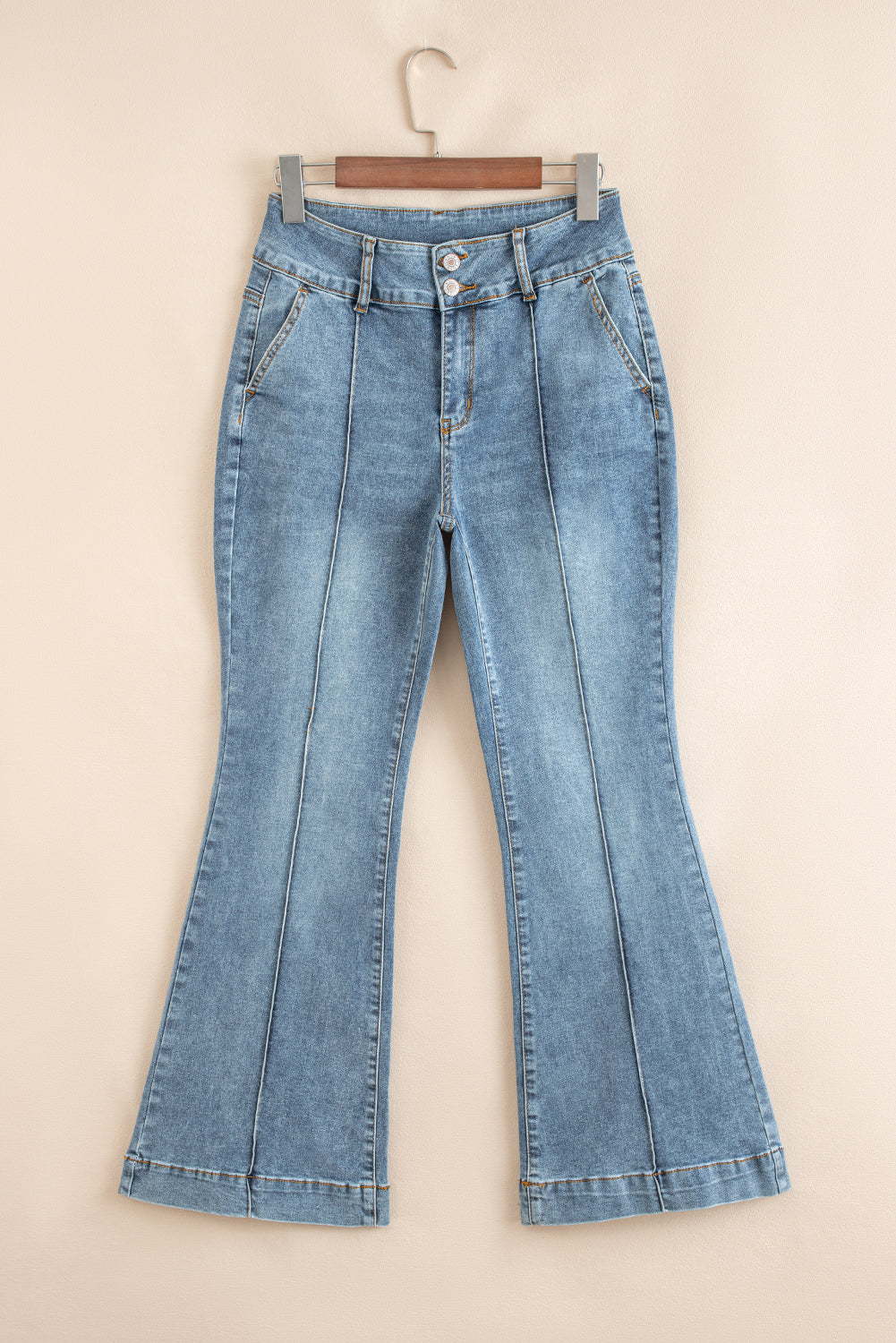 Dämmerungsblaue 2-Knöpfe-Hohe-Taille-Stiefel-Trimm Bootcut-Jeans