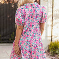 Pink Floral Collared Half Placket Short Sleeve Loose Dress - Foto 2