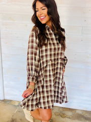 Brown Plaid Long Sleeve Short Shift Mini Dress - Damesmode Afbeelding 8 - Miniatuur