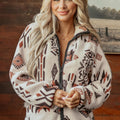 Beige Geometric Print Long Sleeve Shirt Collar Zip-up Placket Binding Tape Jacket - Damesmode Afbeelding 1 - Foto 1