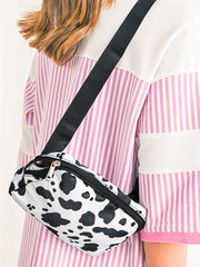 White Cow Pattern Print Buckle Wide Belt Inclined Shoulder Bag - Miniatuur