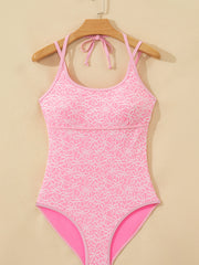 Costume da bagno a collo a halter rosa con texture di fiori cordati - Miniatuur