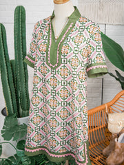 Multicolour Boho Geometric Flower Print Short Sleeve Loose Mini Dress - Miniatuur