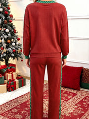 Simply Taupe Cozy Ribbed Patchwork Leopard Trim Long Sleeve 2pcs Pant Set - Miniatuur