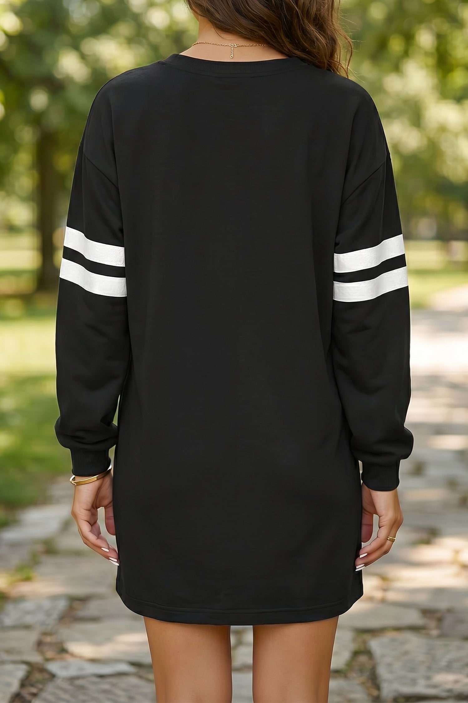 Black Varsity Contrast Banded Sleeve Shift Sweatshirt Dress - Damesmode Afbeelding 2