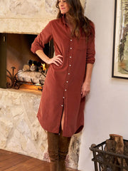 Clay Long Sleeve Button Down Corduroy Midi Length One Piece Dress - Miniatuur