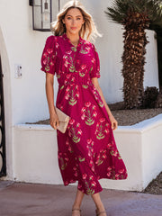 Rotes Maxikleid mit Rüschenmuster mit V-Ausschnitt und kurzärmligem Rüschen - Miniatuur