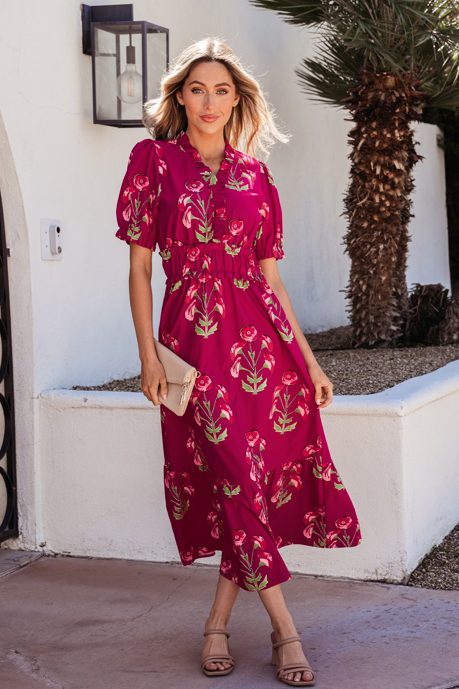 Robe Maxi à volants à manches courtes, manches courtes, à volants à motifs floraux rouges