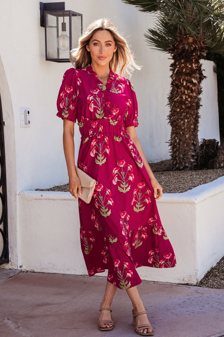 Rout Blummenprint Rüschen V-Hals kuerzärmeleg Maxi-Kleed - Damesmode