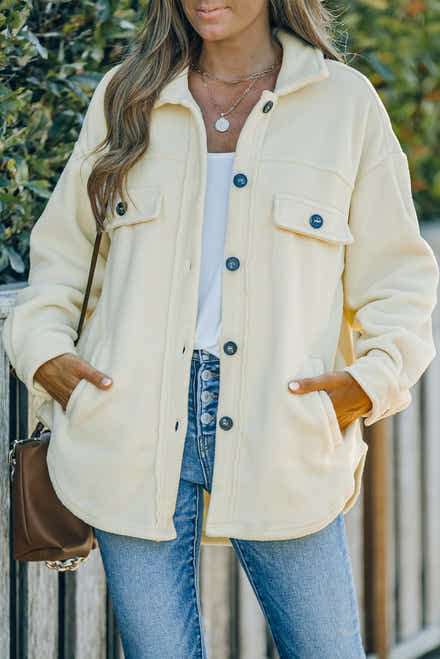 Beige Turn Down Collar Buttoned Shirt Jacket - Women's Fashion Image 1