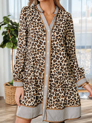 Brauner Leopardenmuster gestreifter Patchwork mit 3/4-Ärmeln, lockerem Minikleid – Damesmode Afbeelding 7 - Miniatuur