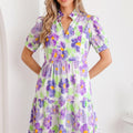 Purple Floral V Collar Short Sleeve Tiered Ruffle Mini Dress - Foto 4