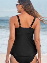Black Crossed V Neck Adjustable Strap Babydoll Tankini Top - Damesmode Afbeelding 2 - Miniatuur