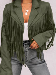 Green Cropped Fringe Faux Suede Jacket - Miniatuur