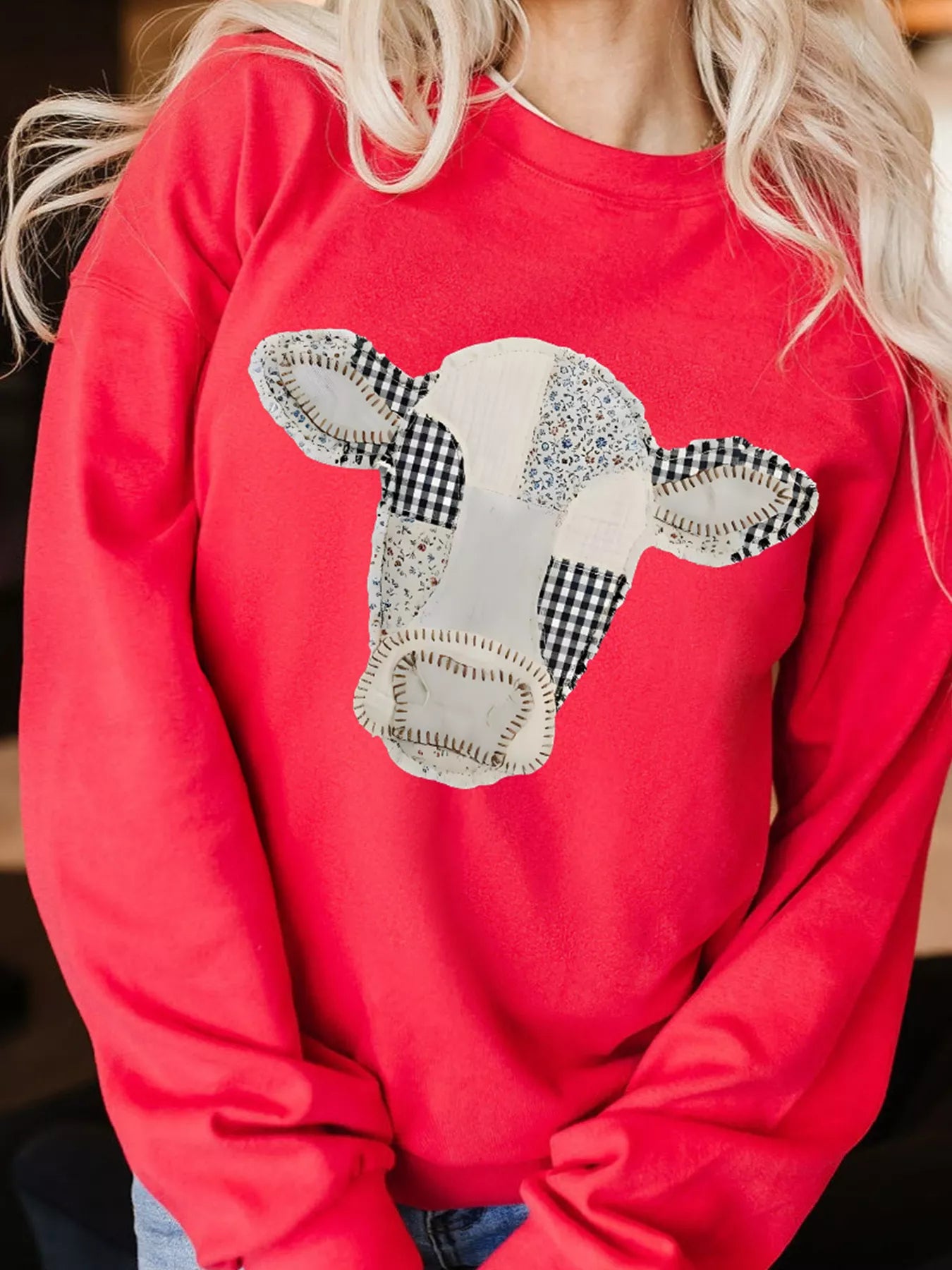 Western Patchwork Cow Drop Shoulder Sweatshirt - Luxe Damesmode & Kleding Collectie | Redblad Nederland
