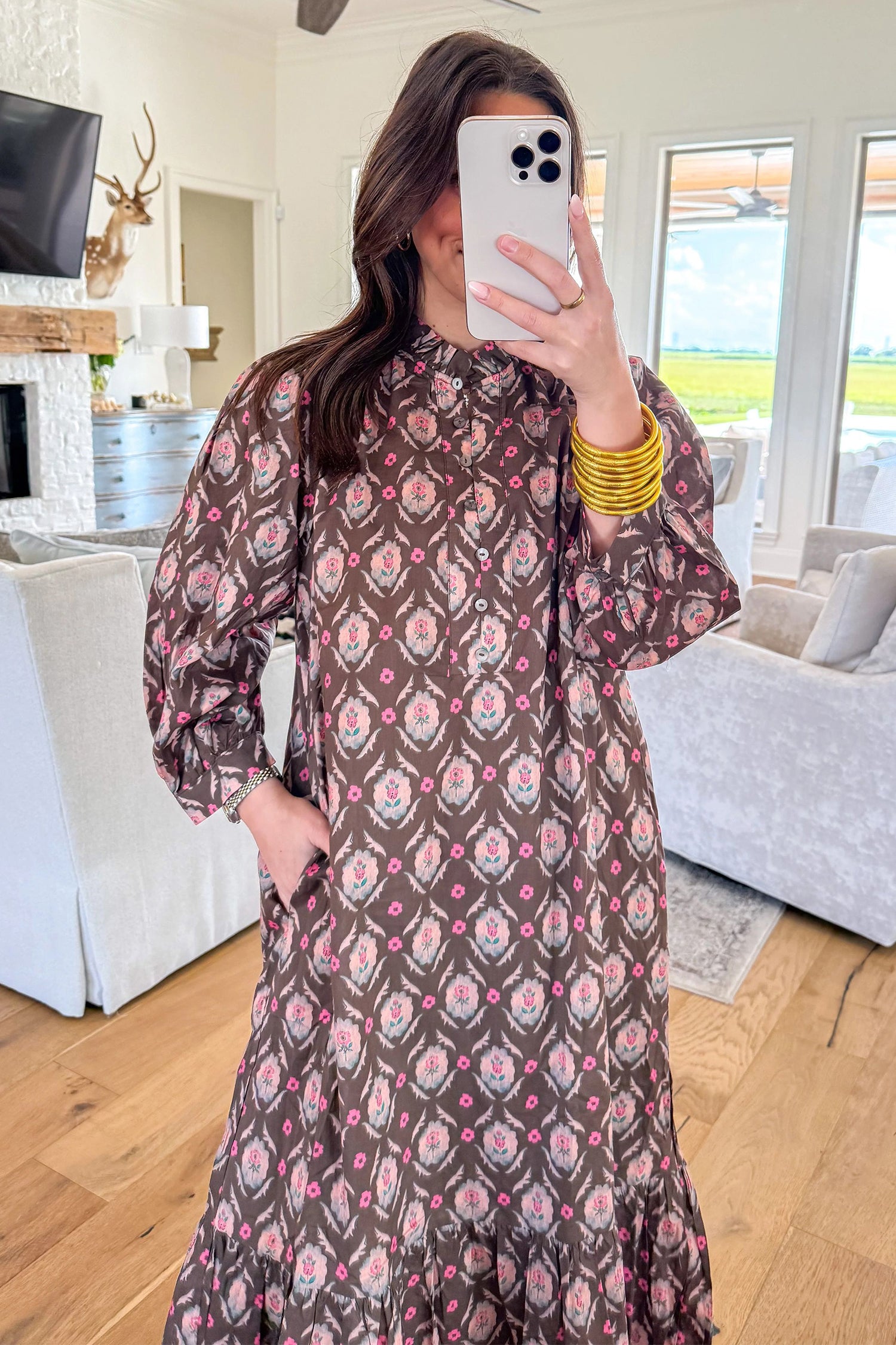Brown Floral Print Button Front Ruffle Hem Midi Dress - Damesmode Afbeelding 3