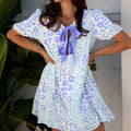 Sky Blue Leopard Contrast Bow Puff Sleeve Mini Dress - Foto 3