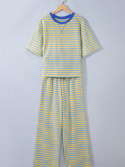 Yellow Stripe Colorblock Trim Crew Neck Loose Tee Drawstring Elastic Waist 2pcs Pant Set - Miniatuur