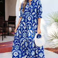 Blue Wild Floral Print Frilled Collar Half Sleeve Long Dress - Damesmode Afbeelding 1 - Foto 1
