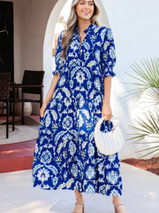 Vestido largo de manga media con cuello floral azul salvaje con volantes - Damesmode Afbeelding 1 - Miniatuur