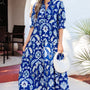 Blauw Wild Bloemenprint con cuello con volantes y media manga Lange Maxi-Jurk