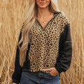 Brown Leopard Patchwork Contrast Stitching Knotted Cuff Quarter Zip Hoodie - Damesmode Afbeelding 1 - Foto 1
