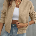Pale Khaki, einfarbige, geometrische strukturierte Baseballkragenjacke - Foto 1