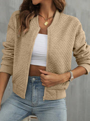Pale Khaki Solid Geometrësch Texturéiert Baseball-Kragenjackett - Miniatuur