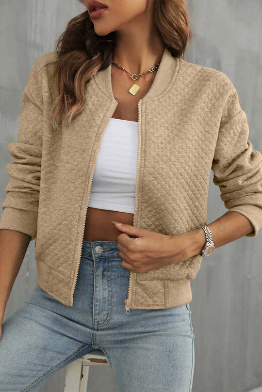 Pale Khaki Solid Geometrësch Texturéiert Baseball-Kragenjackett