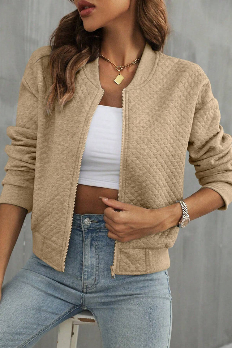 Pale Khaki, einfarbige, geometrische strukturierte Baseballkragenjacke - Damesmode