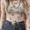 Camel Leopard Print Slim Fit Mesh Long Sleeve Mock Neck Top - Foto 4
