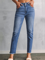 Sky Blue Double Button Raw Hem Slim Fit Jeans - Miniatuur