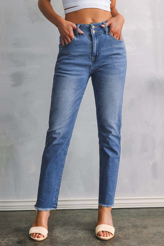 Sky Blue Double Button Raw Hem Slim Fit Jeans