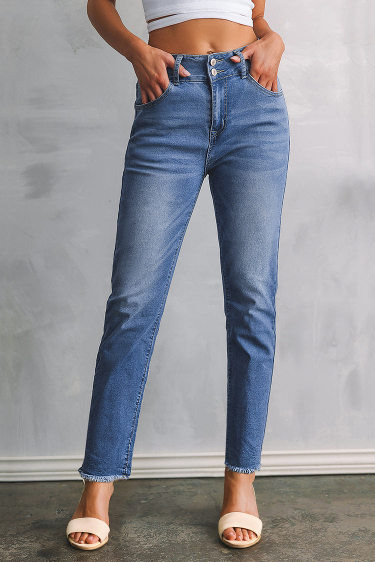 Sky Blue Double Button Raw Hem Slim Fit Jeans - Damesmode