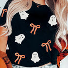 Black Sequin Bow Ghost Patched Halloween Graphic Tee - Damesmode Afbeelding 5 - Thumbnail